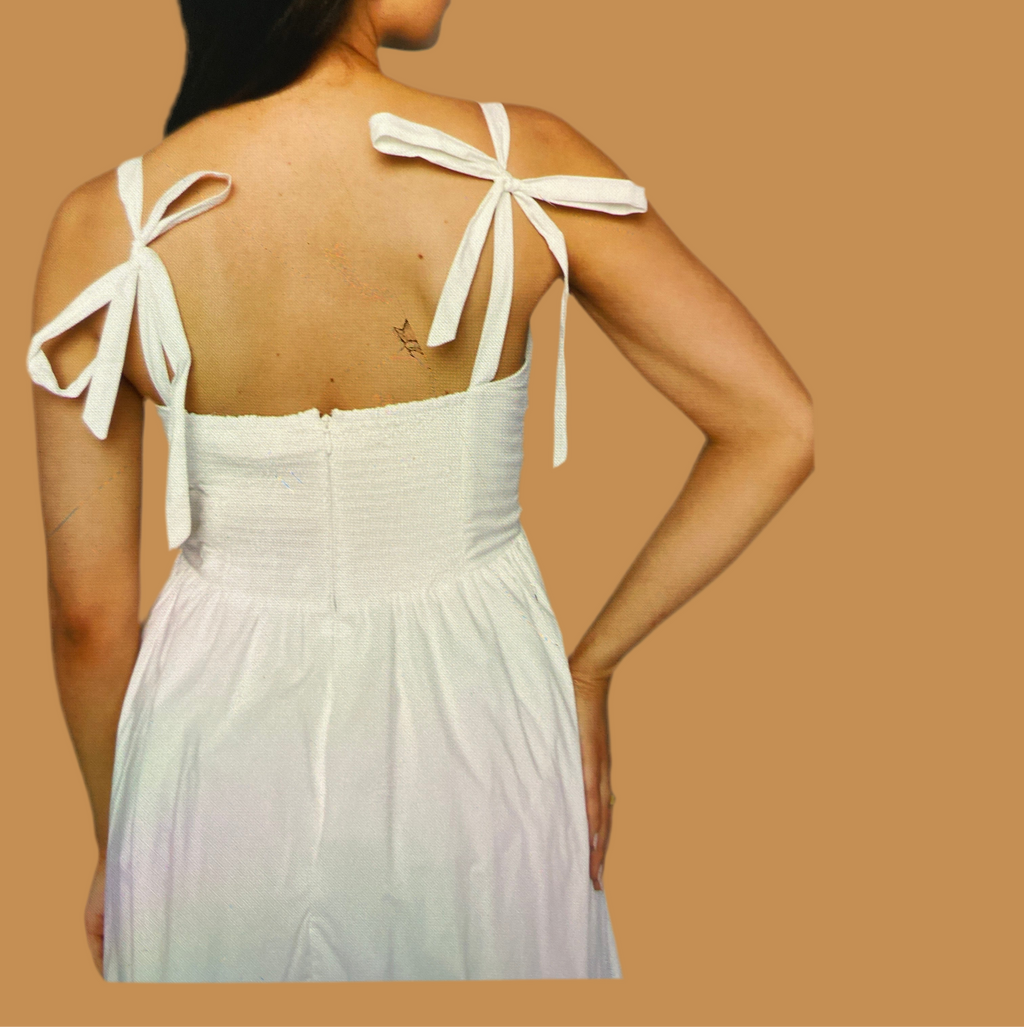 Larsen Bow front midi dress white