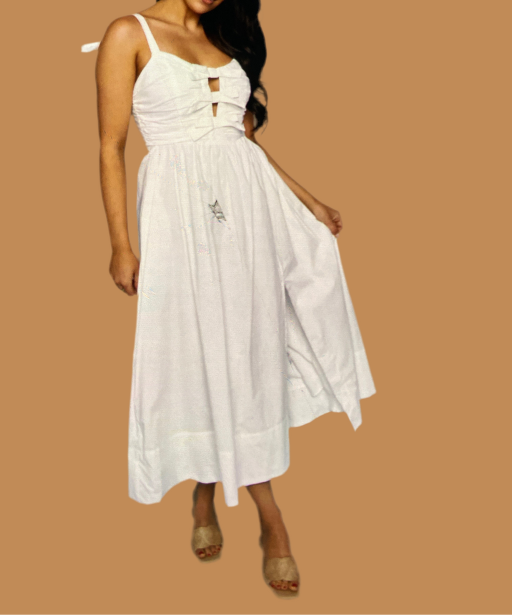 Larsen Bow front midi dress white